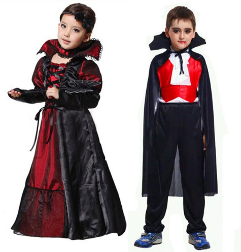 Halloween Girls Costumes Vampire Queen Children Costume Halloween Kids Black Lace Party Dress Necklace Set Boy Couple Clothing