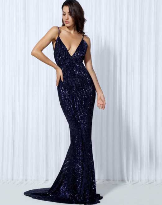 Elastic Sequin V Collar Exposed Back Long Dress Mid-Year Sale
