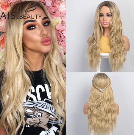 Long Wavy Womens Wig Natural Part Side Hair Ombre Synthetic Wigs Platinum/Blonde/Black Wigs Heat Resistant for Women