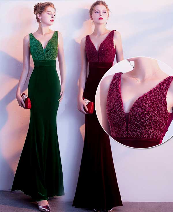 Luxurious long dress with a deep V-neck. Velvet evening dress. Floor length