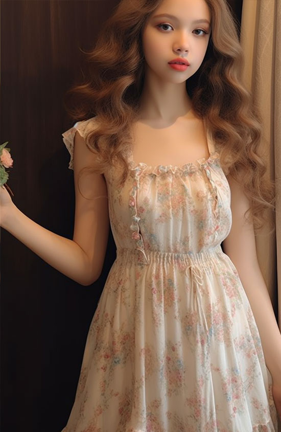 Fairy Tale Whimsy: French Floral Print Ruffles Dress with Pearl Buttons